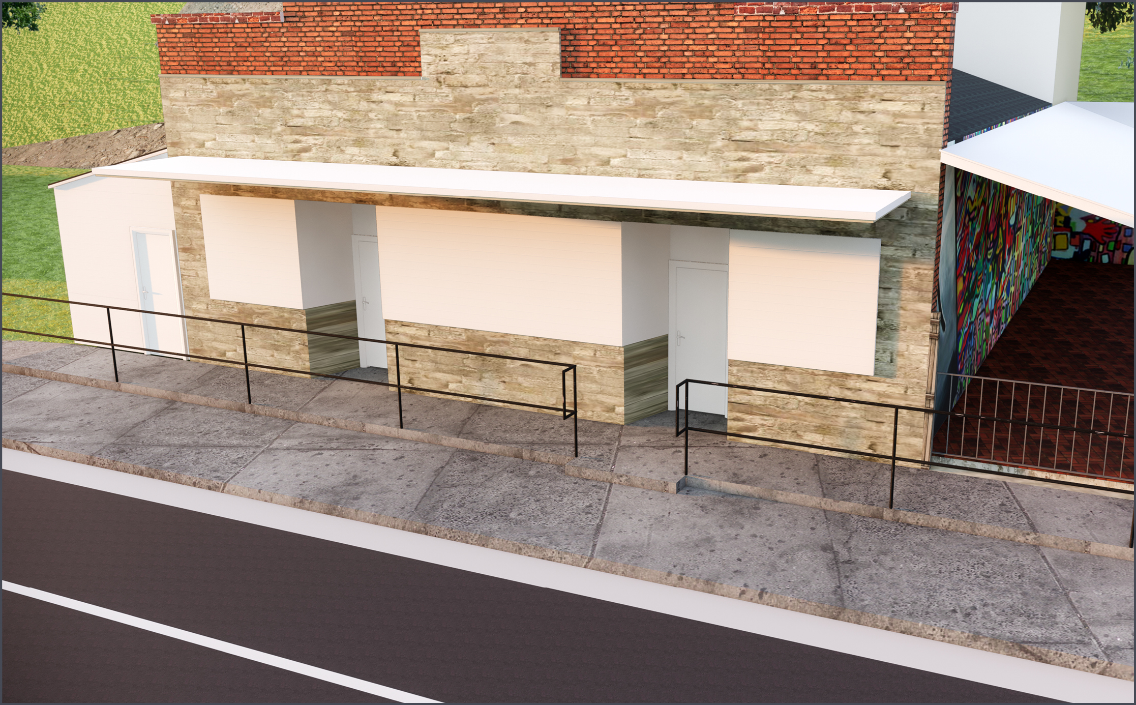 metal rails mounted on the sidewalk in front of a building